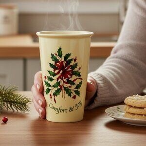Lenox Comfort & Joy Vintage Traveler Tumbler, holiday holly and berries print